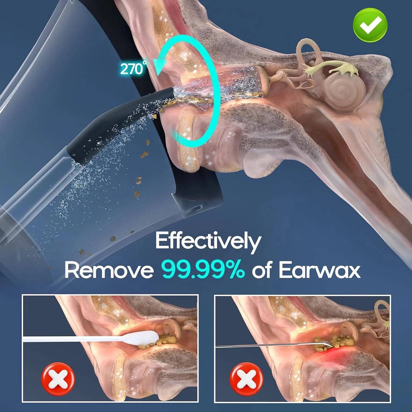 Ear Wax Removal with One-Piece Waste Tank, Ear Cleaner with Water Temperature Sensor, 4 Pressure Settings, Ear Cleaning Kit for Ear Wax Buildup & USB-C Cable, IPX6, Black