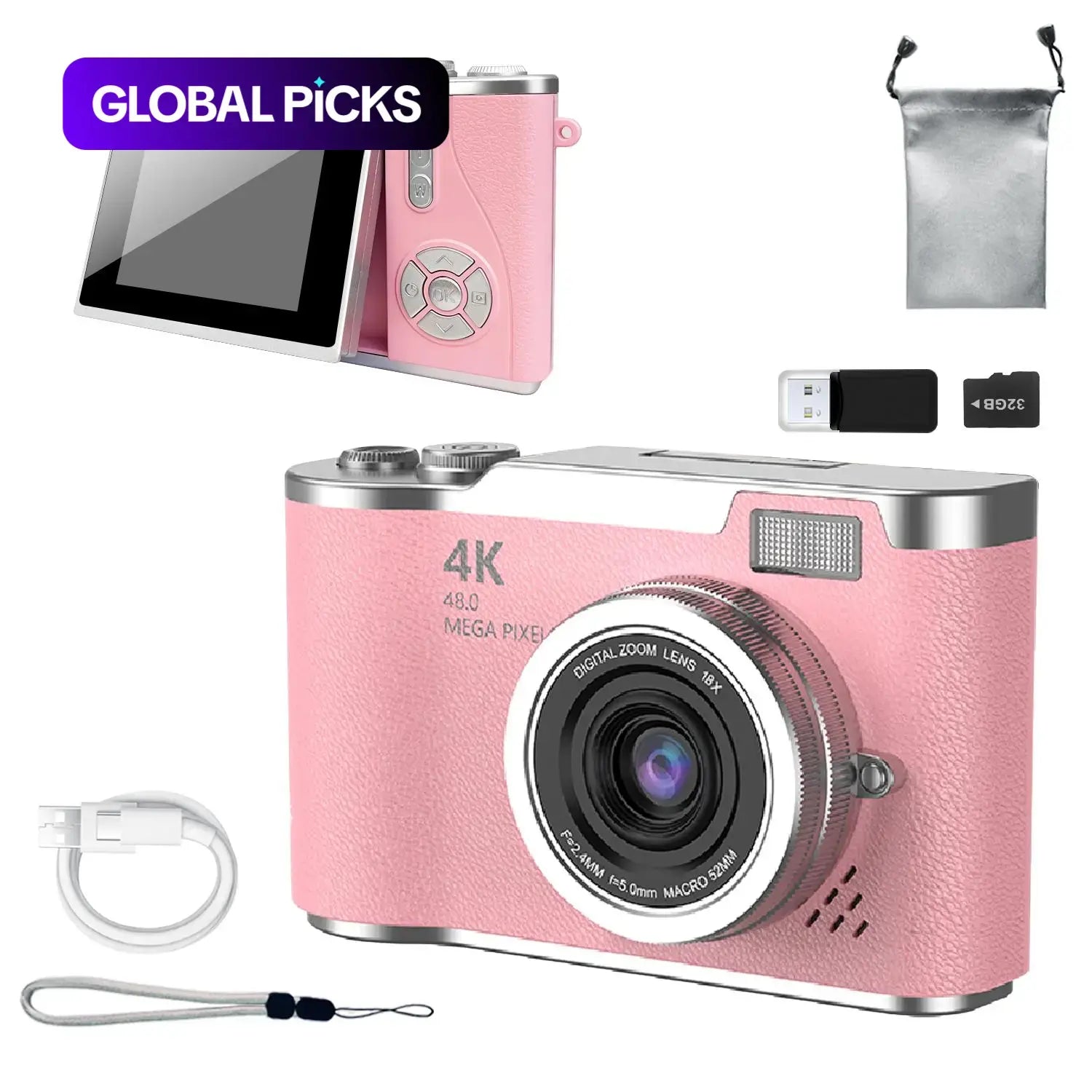 Foldable-Screen Student Camera, Retro CCD Camera, Compact Camera, Entry-Level Digital Camera with 1080P Resolution, Games & Filter Functions, Pocket Camera Includes Storage Bag & 32GB Memory Card