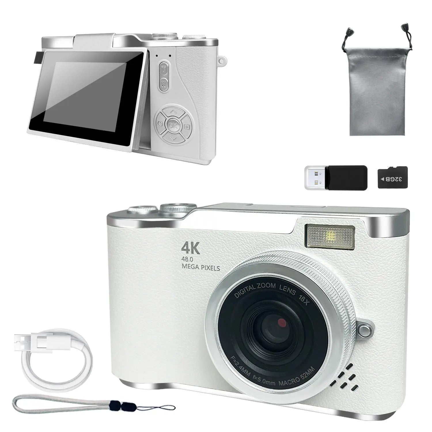 Foldable-Screen Student Camera, Retro CCD Camera, Compact Camera, Entry-Level Digital Camera with 1080P Resolution, Games & Filter Functions, Pocket Camera Includes Storage Bag & 32GB Memory Card
