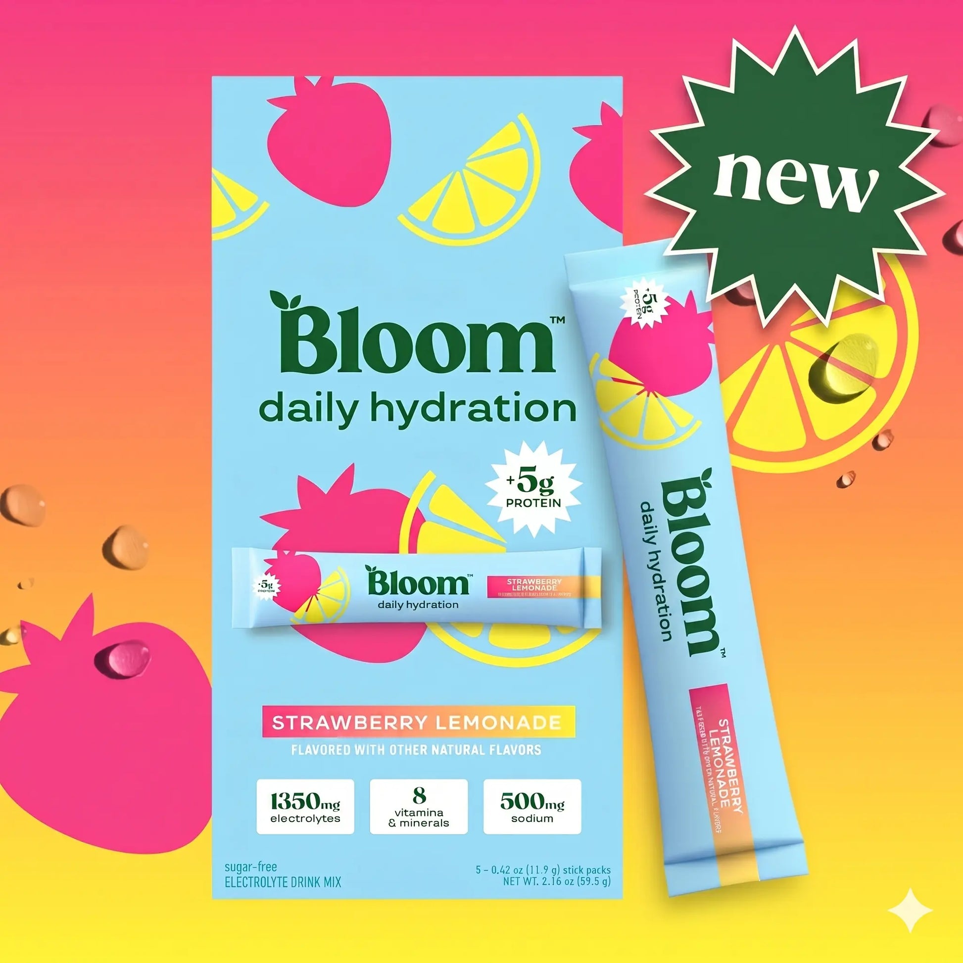New - Bloom Nutrition Daily Hydration Sticks - 5Ct - 1350Mg Electrolytes, 5G Clear Whey Protein & Collagen, 8 Key Vitamins, Sugar-Free Drink Mix for Hydration, Recovery & Skin Health
