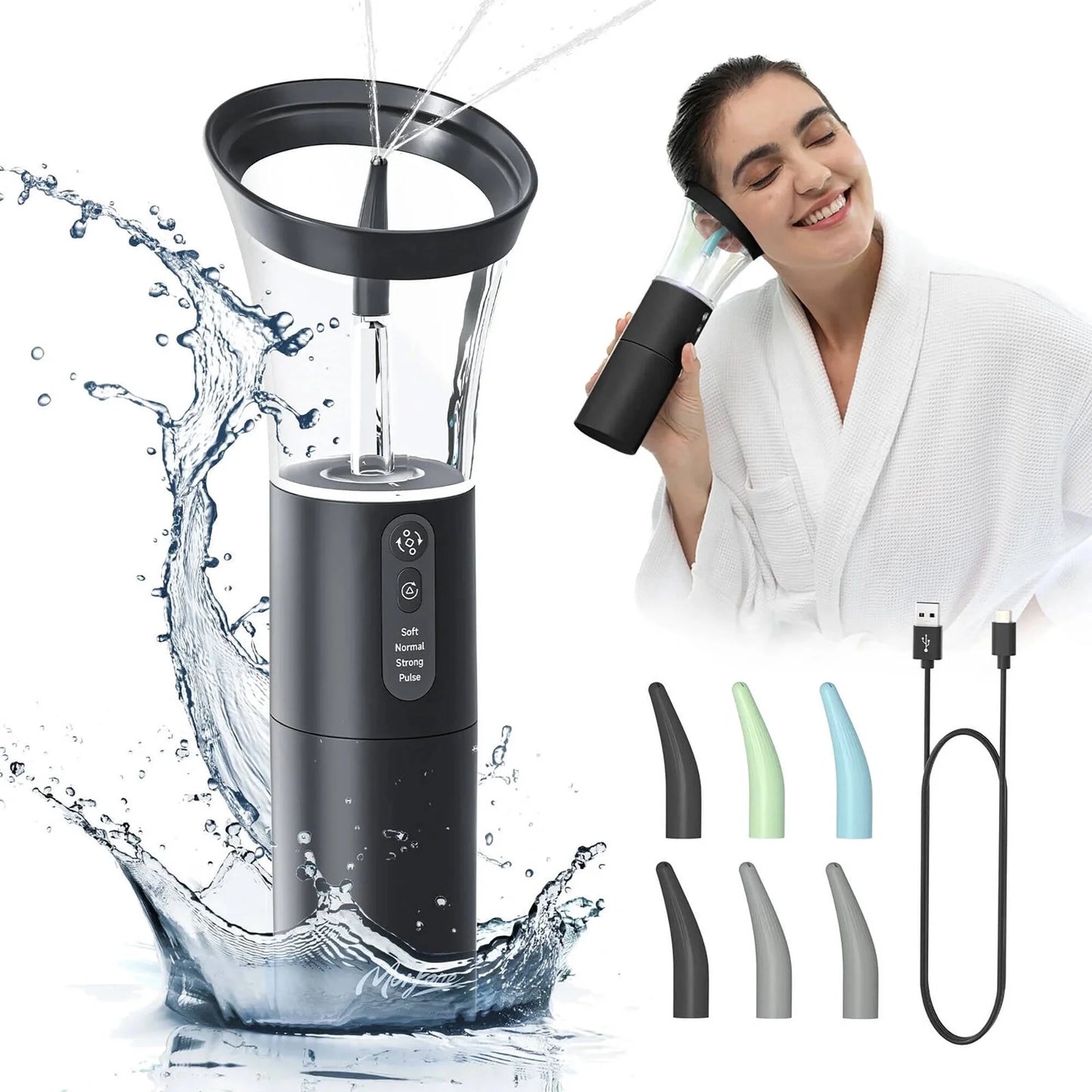 Ear Wax Removal with One-Piece Waste Tank, Ear Cleaner with Water Temperature Sensor, 4 Pressure Settings, Ear Cleaning Kit for Ear Wax Buildup & USB-C Cable, IPX6, Black