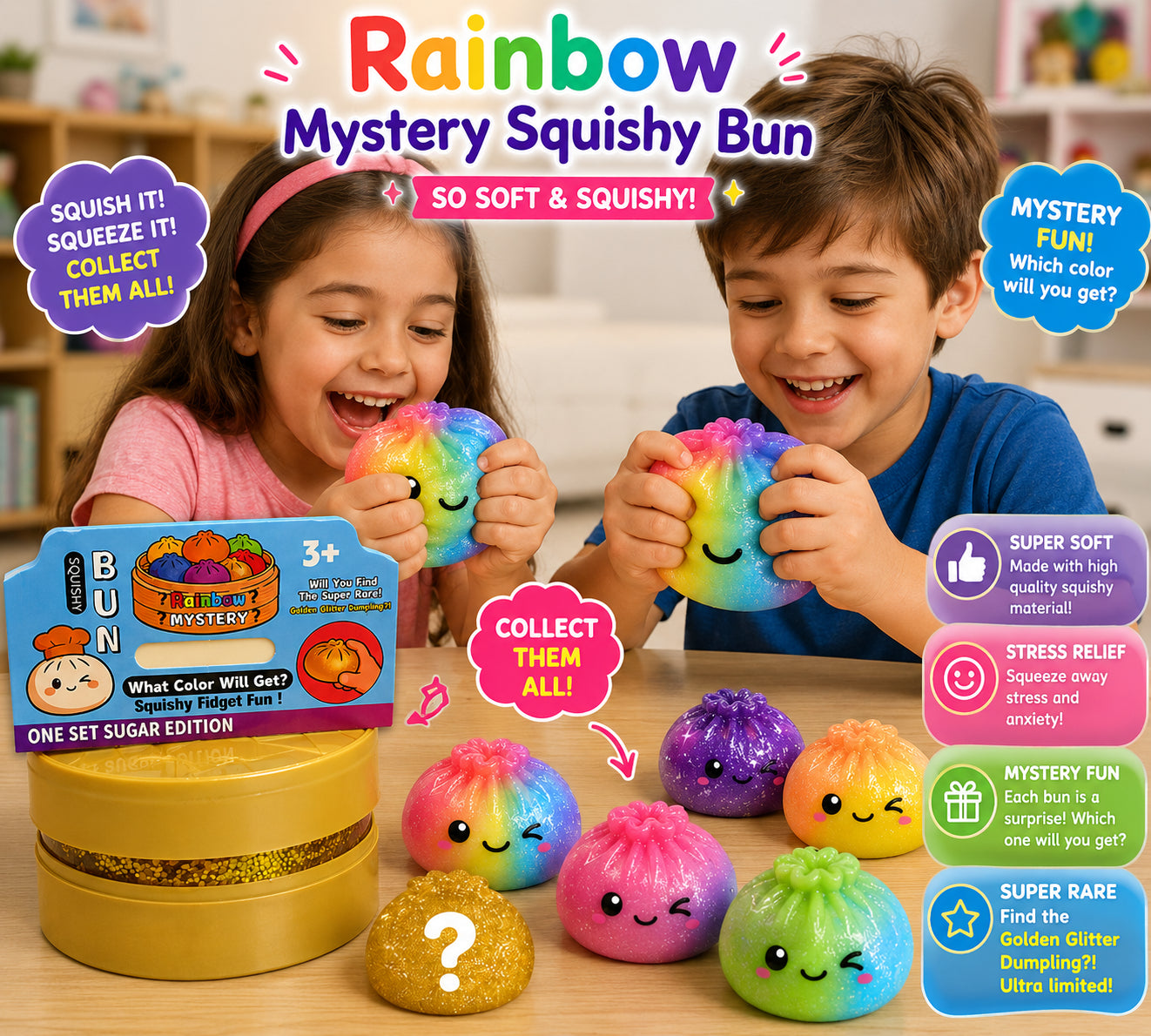 Rainbow 1 PC Mystery Squishy Bun Soft Kawaii Stress Relief Fidget Toy