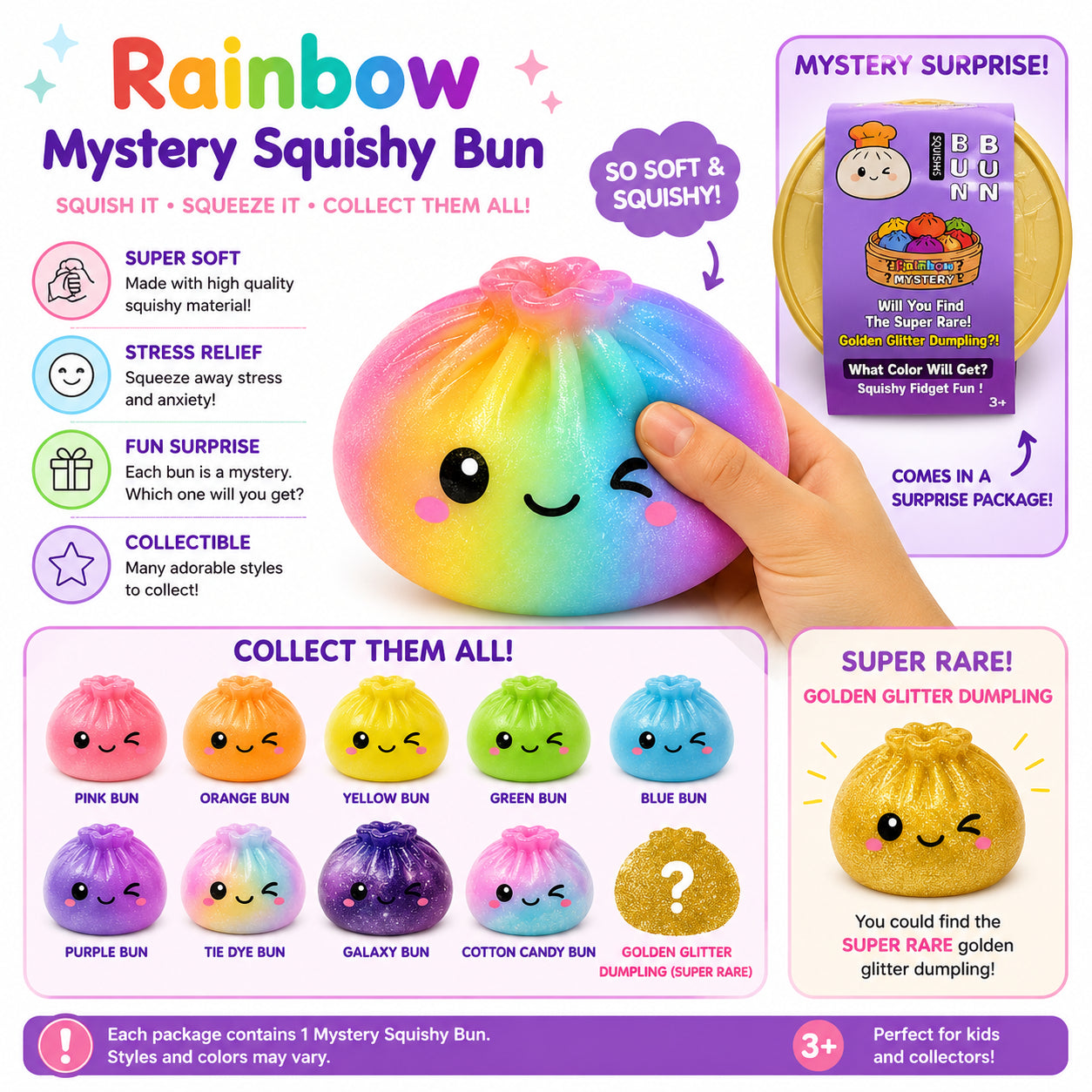 Rainbow 1 PC Mystery Squishy Bun Soft Kawaii Stress Relief Fidget Toy