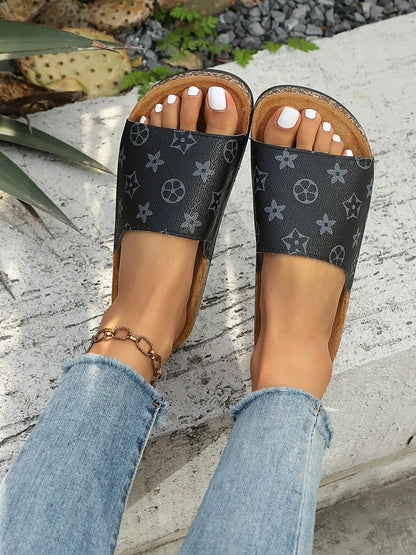 Women'S PU Leather Slippers, Casual Anti-Slip Eva Sole, Metal Logo, Retro Style, Daily Wear, Beach Vacation, Comfortable Footwear